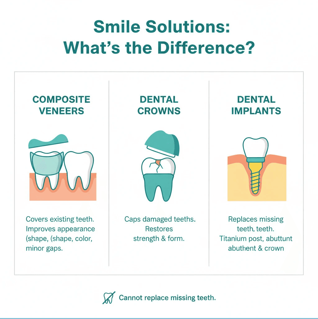 Infographic showing the difference between composite veneers that cover existing teeth, dental crowns that cap damaged teeth, and dental implants that replace missing teeth completely with a titanium post, abutment, and crown - can you get composite veneers with missing teeth infographic 